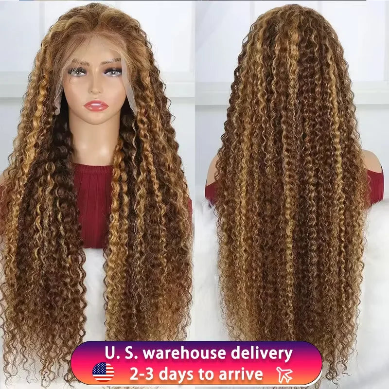 13x6 Highlight Wig Human Hair Deep Wave 40 Inch HD Lace Front Human Hair Wig 200 Density 4/27 Ombre Brown Blonde Lace Front Wigs
