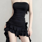 Comhasaki Women's Y2K Vintage Coquette Strapless Layered Ruffled Asymmetrical Hem Clubbing Slim Fit Bodycon Tube Top Mini Dress