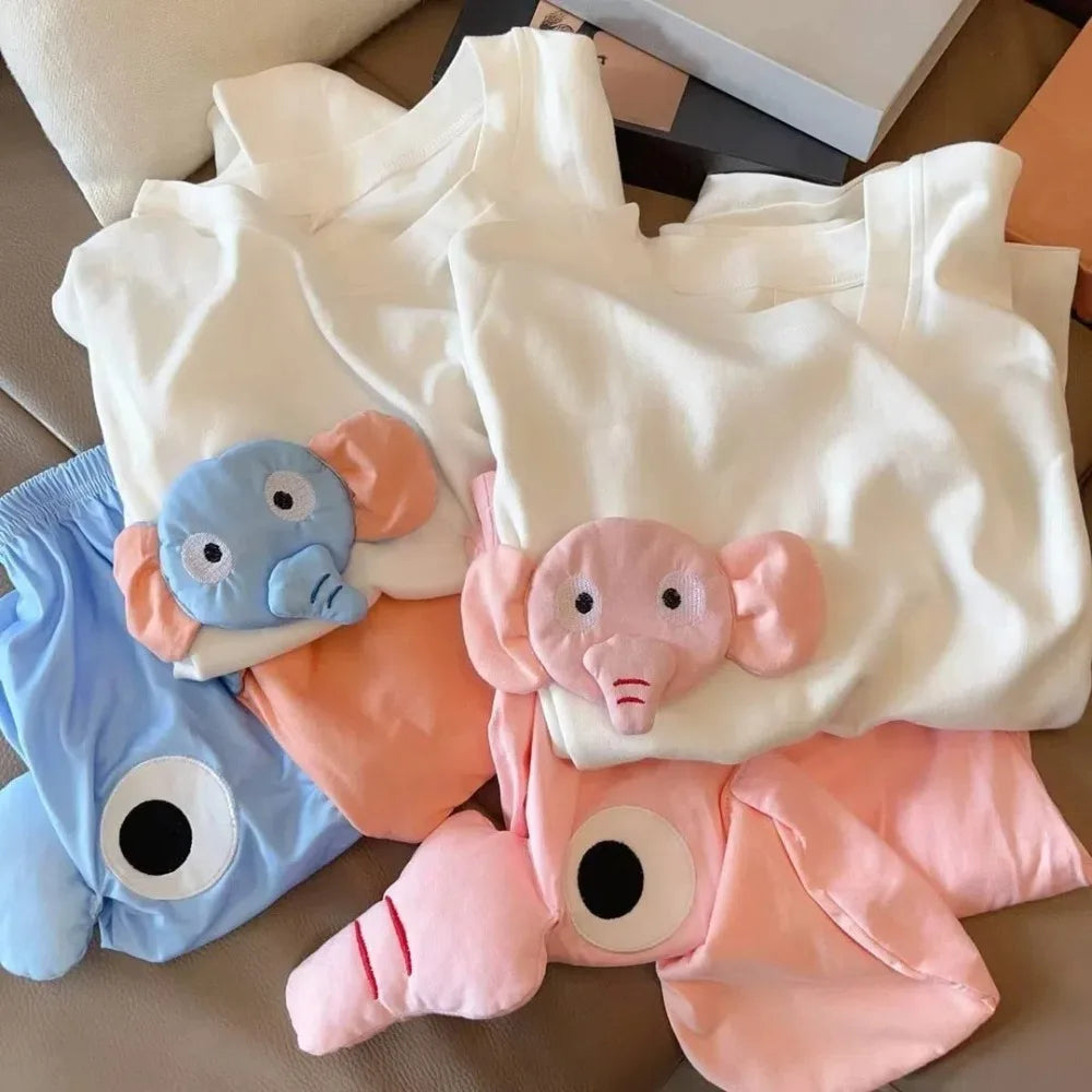 Cartoon 3D Ears Elephant Trunk Pajamas Nose Loose Short Sleeve Sleepwear Funny Couple Pajamas Suit Gifts