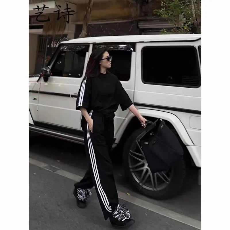 American Street-bombing Leisure Sportswear Suit Female Summer Student Loose Versatile Short-sleeved Trousers Two-piece Suit Tide