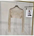 2023 new sexy bright diamond short top Slim thin Ms. hot drill long-sleeved T-shirt sexy leak waist nightclub