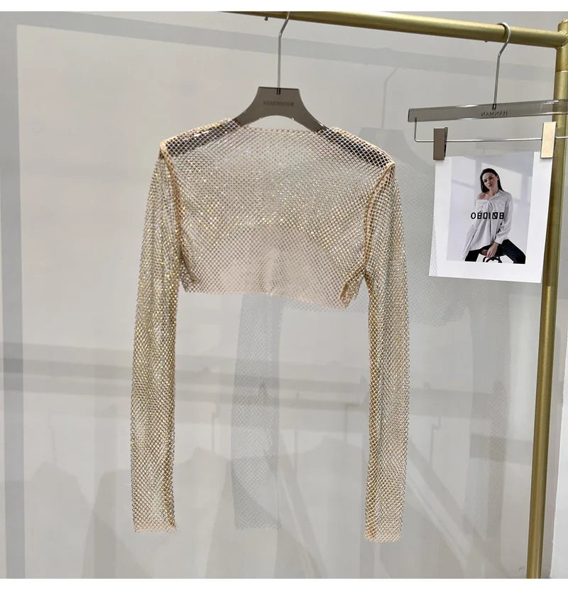 2023 new sexy bright diamond short top Slim thin Ms. hot drill long-sleeved T-shirt sexy leak waist nightclub