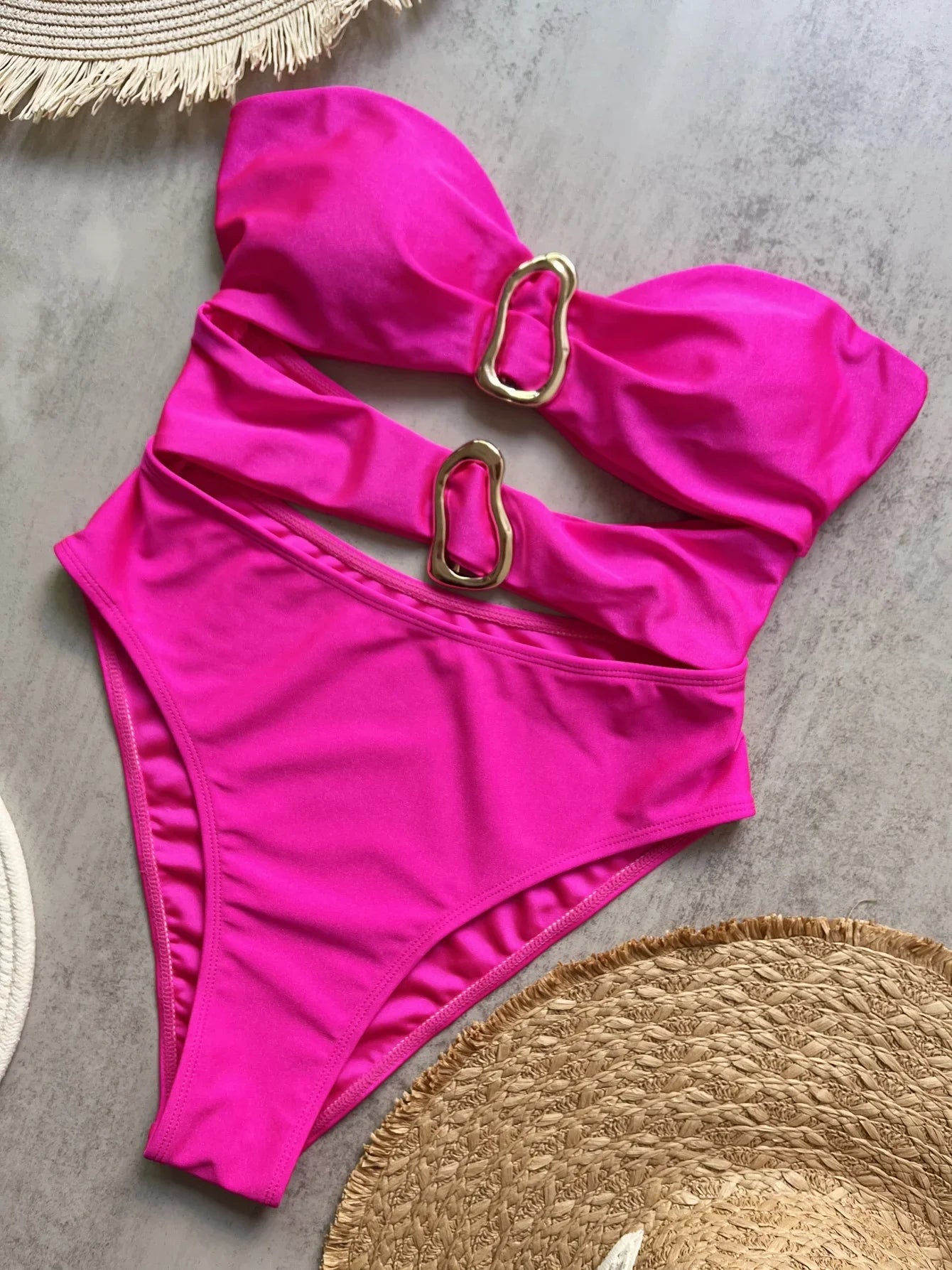 3 Colors Sexy Metal Rings Cut Out Women Swimwear One Piece Swimsuit Female Bandeau High Leg Cut Bather Bathing Suit Swim B022D