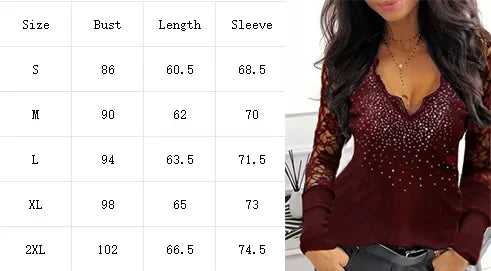 3 Colors Sexy Lace Long Sleeved Solid Color Top Women's V-neck Bright Zircon T-shirt Spring Autumn Slim Clothes
