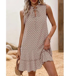 2025 Elegant Women's Casual Loose Ruffle Mini Dress Summer Bohemian Printed V-neck Lace-up Small Flying Sleeve Dresses For Women