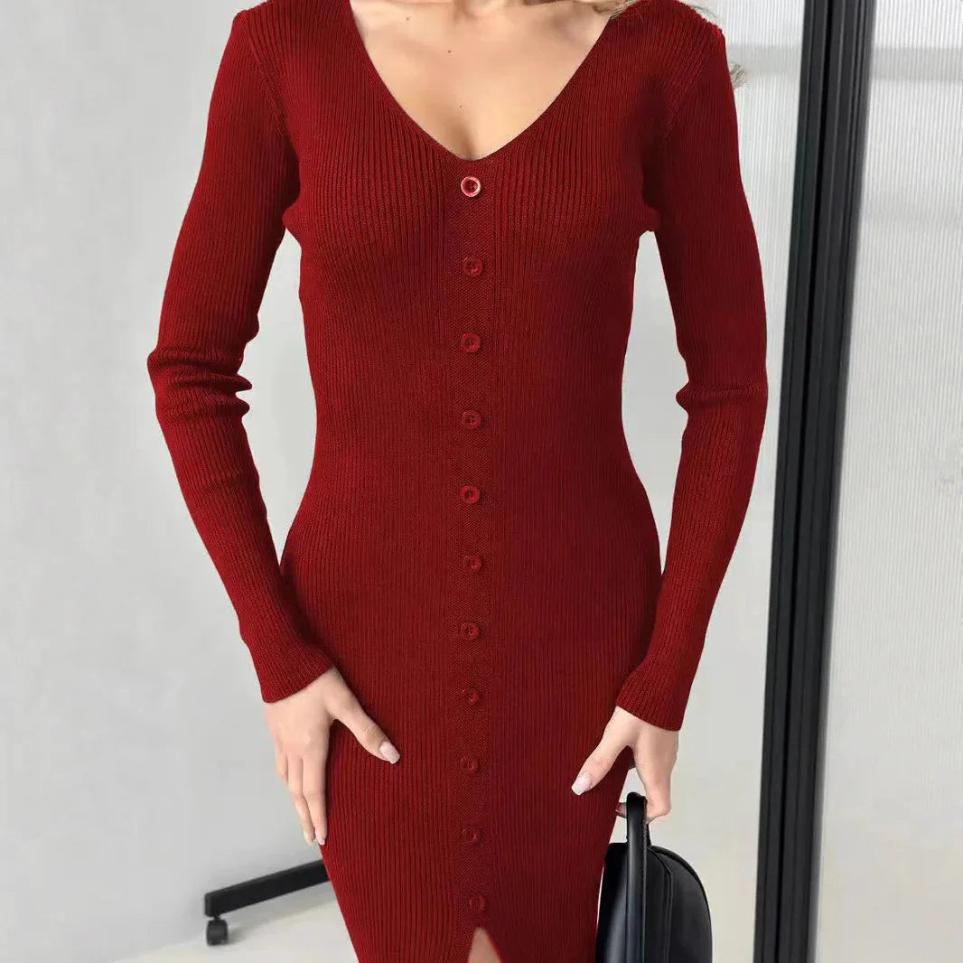 2025 Knitted Dress For Women Vintage Fashion Long Sleeve Dresses Solid Single Breasted V Neck Midi Autumn Winter Dress Скучать