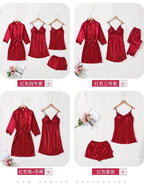 5PCS Women's Ice Silk Sexy Pajama Set Breathable Lace Satin Pajama Bathrobe Five Piece Set Casual Home Clothes Spring and Summer