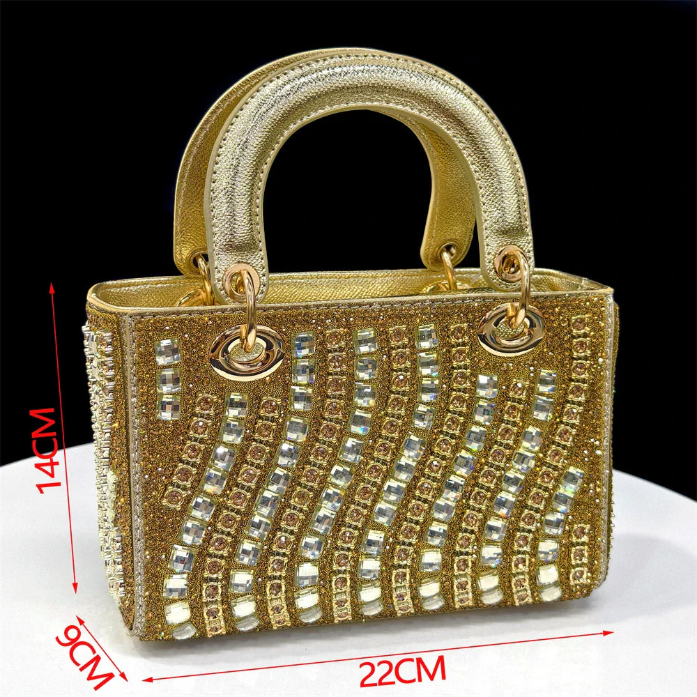 2025 Luxurious Italian Women's Party Shoes & Bag Set â€?Elegant Golden Rhinestone Spring/Summer Sandals with Pointed High Heels f