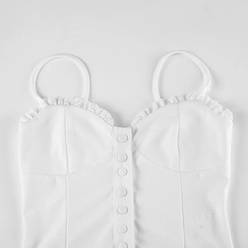 CIBBAR White Button Up Corset Top Vintage 2000s Lace Stitching Skinny Cropped Tops Elegant Ladies Strap Tee y2k Coquette Clothes