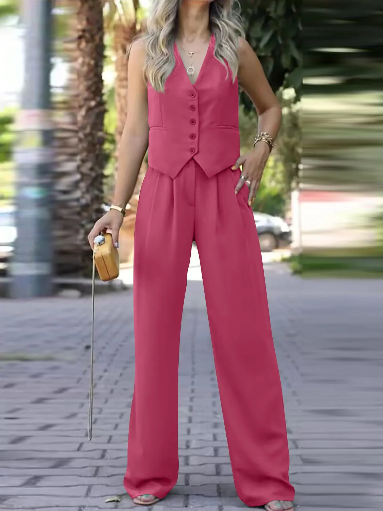 casual sleeveless suit set office lady spring summer elegant slim v-neck blazer tops pants two piece set women outfit 2024