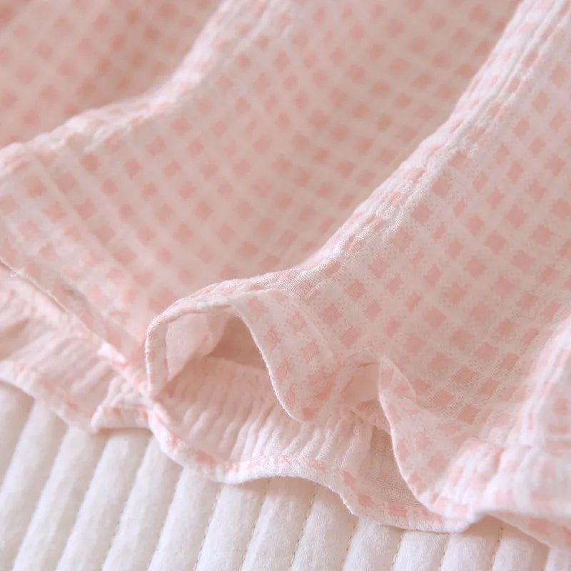 2025 Japanese summer new women's pajamas suit short-sleeved shorts two-piece 100% cotton crepe simple checked thin home clothes