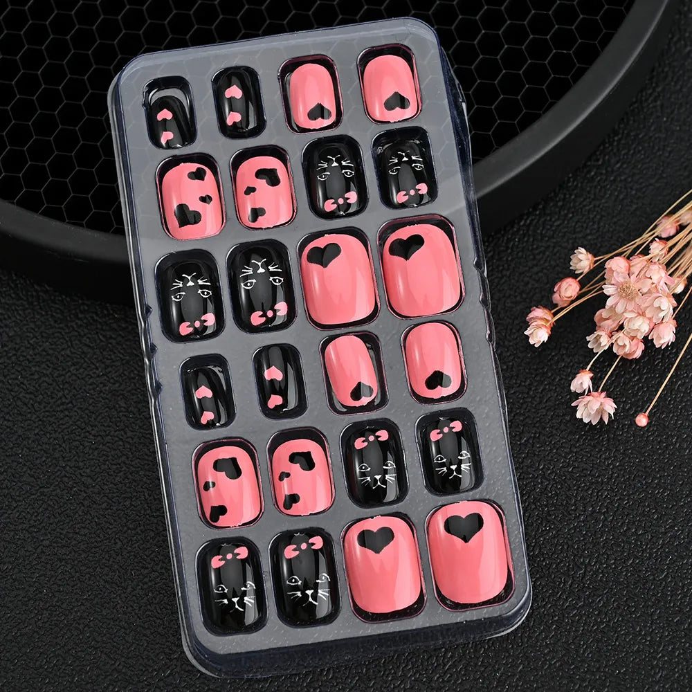 24Pcs Children Cartoon Nail Tips Colorful Cute Rabbit Pink Stars 6-14 Years old Girl Fake Nail With Jelly Glue Kids False Nail