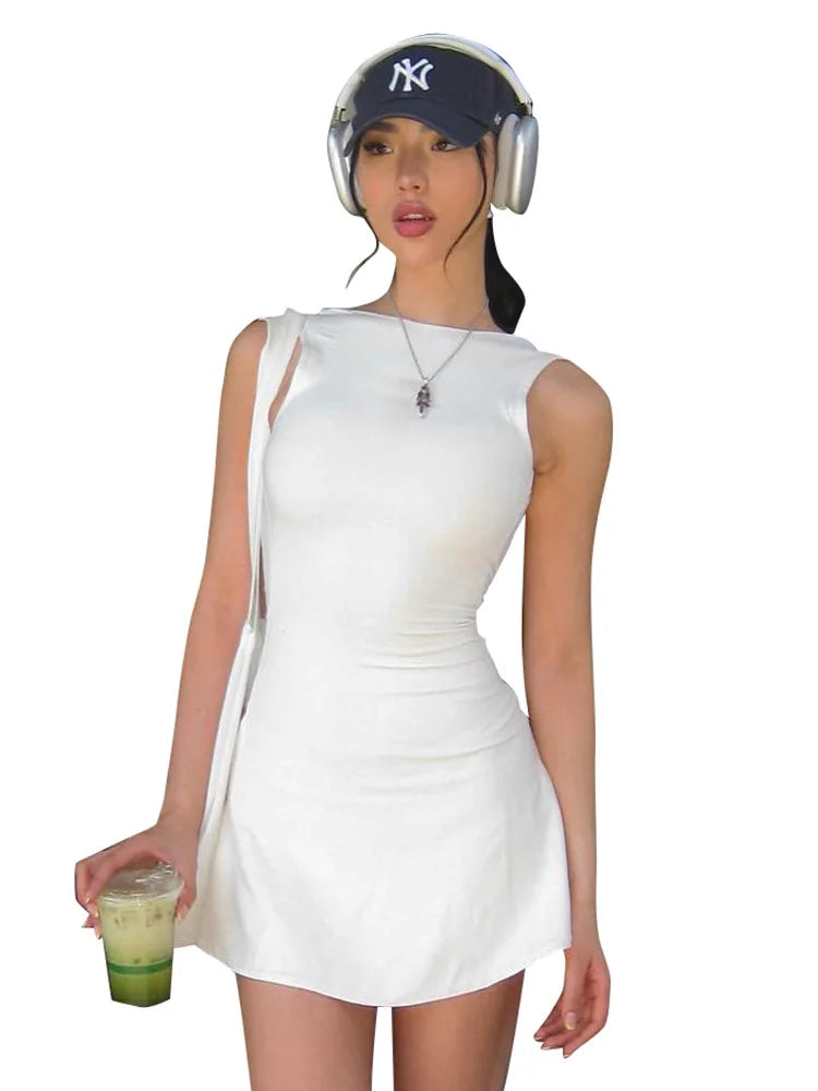 Elegant Sleeveless Backless Slim Fit Mini Dress Women Chic Round Collar A-line Short Dress 2025 Ruffle Edge Casual Dresses
