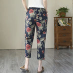 1pcs Spring Summer Women Cotton Comfort Breathable Pants Female Grid Flower Print Casual Loose Pant Lady Haren Straight Leg Pant