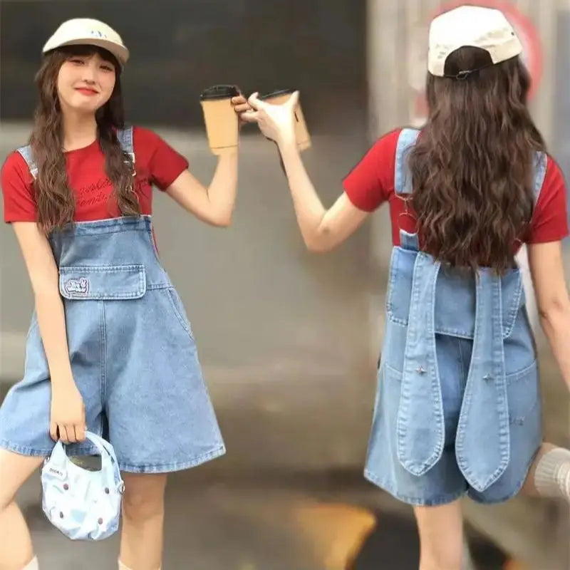 Denim Jumpsuit Rabbit Ears Cute Girl Chic Wide Legs High Waist Loose Korean Japan High Street Solid Jump Suits Women