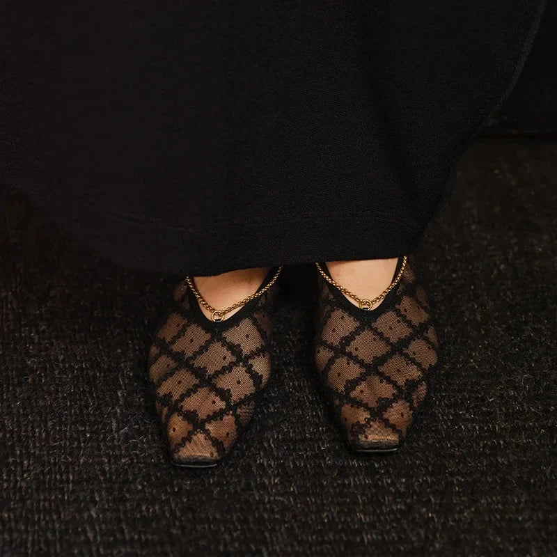 2025 New Lace Mesh Breathable Single Shoes Women's Summer French Square Toe Slip-On Chain Mary Jane Flats