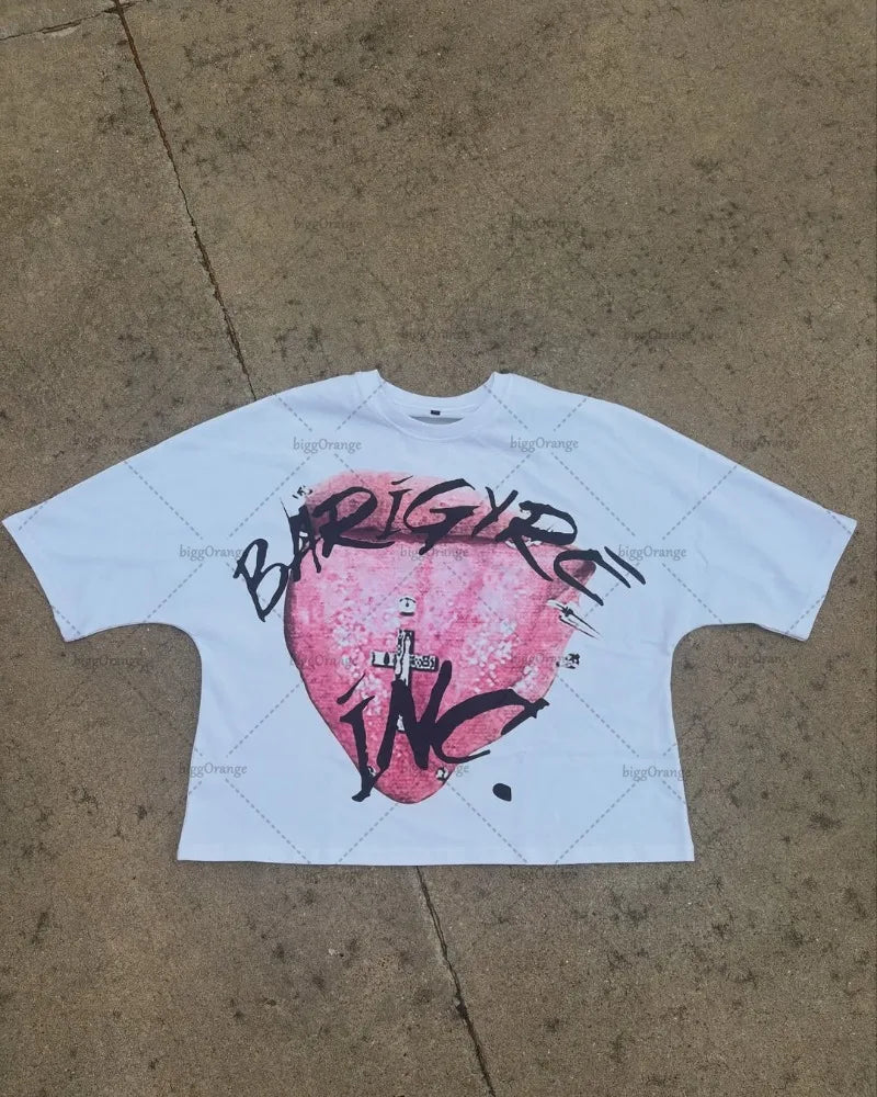 American Retro Letter Printing Oversized T-shirt Hip-hop Harajuku Punk Round Neck Graphic Top Men Trendy Casual Streetwear Women