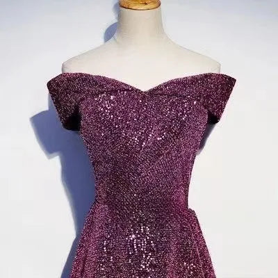 2025 New Women's Sparkling Purple Skirt One Shoulder Small Tail Evening Dress Fashionable Slimming Banquet Host Dress