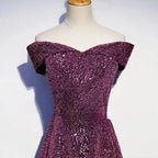 2025 New Women's Sparkling Purple Skirt One Shoulder Small Tail Evening Dress Fashionable Slimming Banquet Host Dress