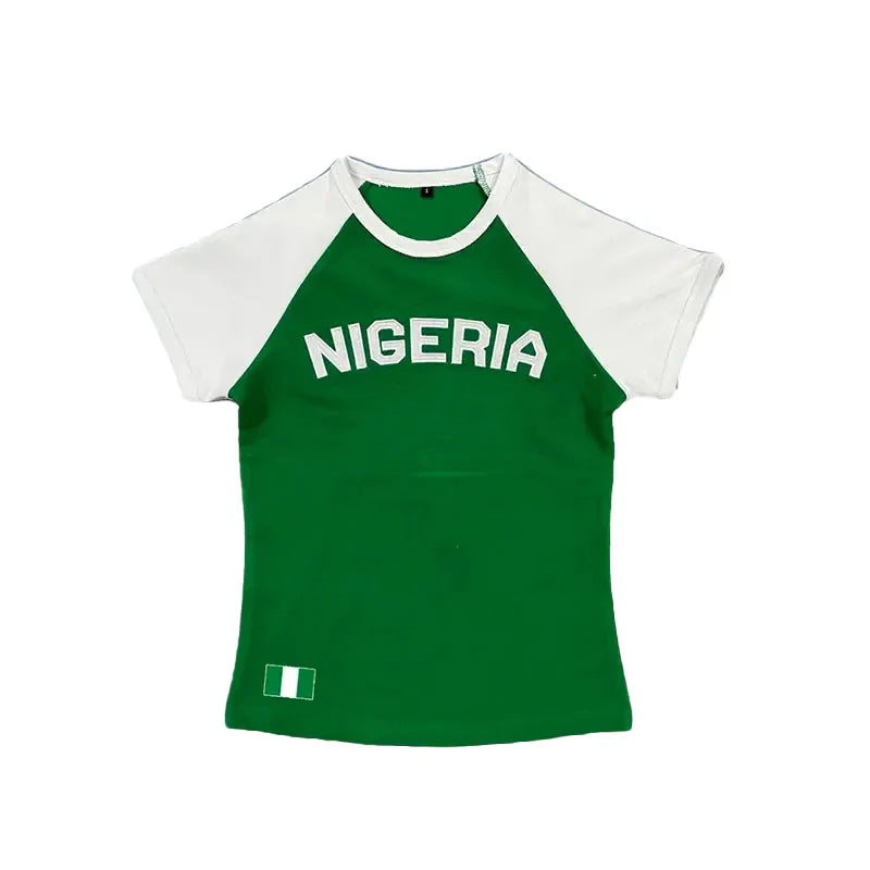 2025 Summer New y2k Leisure Color Blocked Embroidered Nigeria Letter Green T-shirt trend 2025 Women's Clothing Crop Top EMO