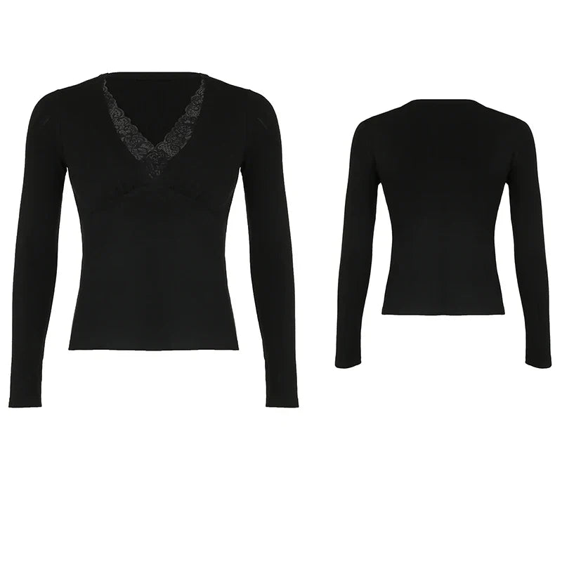 Cuteandpsycho Lace Patchwork Solid Slim Tee Shirts Long Sleeves V-neck Aesthetic Fashion Clothes Vintage Streetwear Black Tops