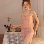 ElyraLux Women Harness Pajama Suspender Shorts for Women Pajamas Set Lace Silk Lingerie Pyjamas Shorts Set Pink lace pajamas