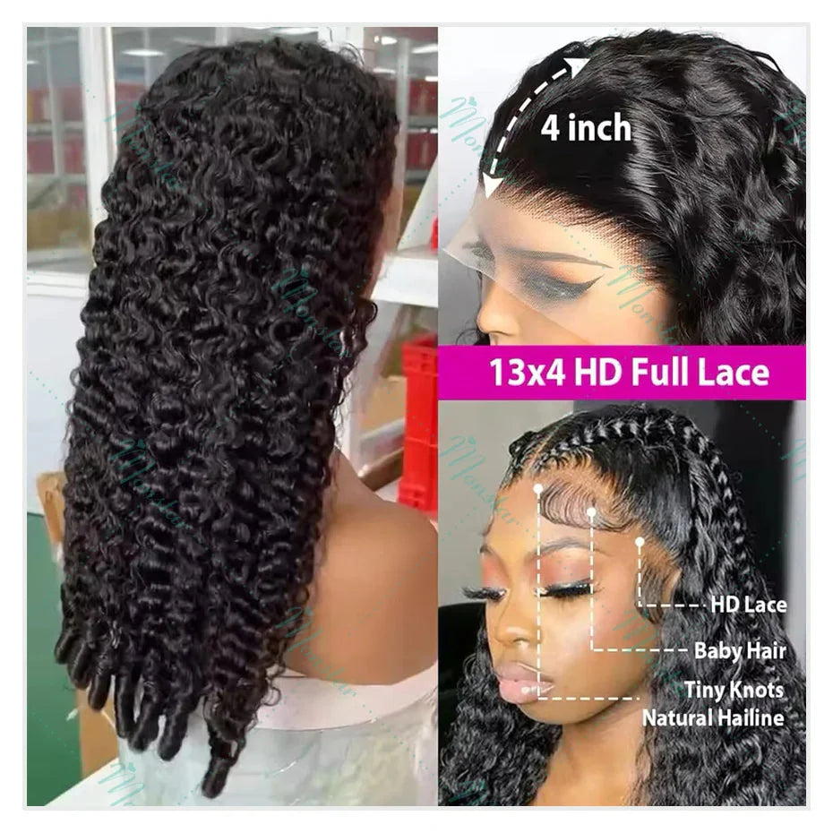 300% Density Burmese Curly Human Hair Wigs 13x4 13x6 HD Full Lace Frontal Wig 100% Human Hair Wigs with Spiral End Natural Black