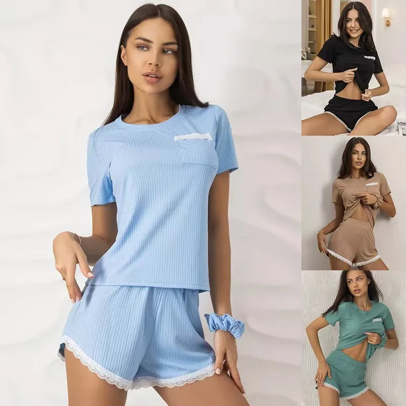 2025 New Women's Pajama Sets Pj Shorts Short Sleeve Lounge Wear Set Soft Comfy Stretch Casual Summer T-Shirt Shorts Fashion Hot