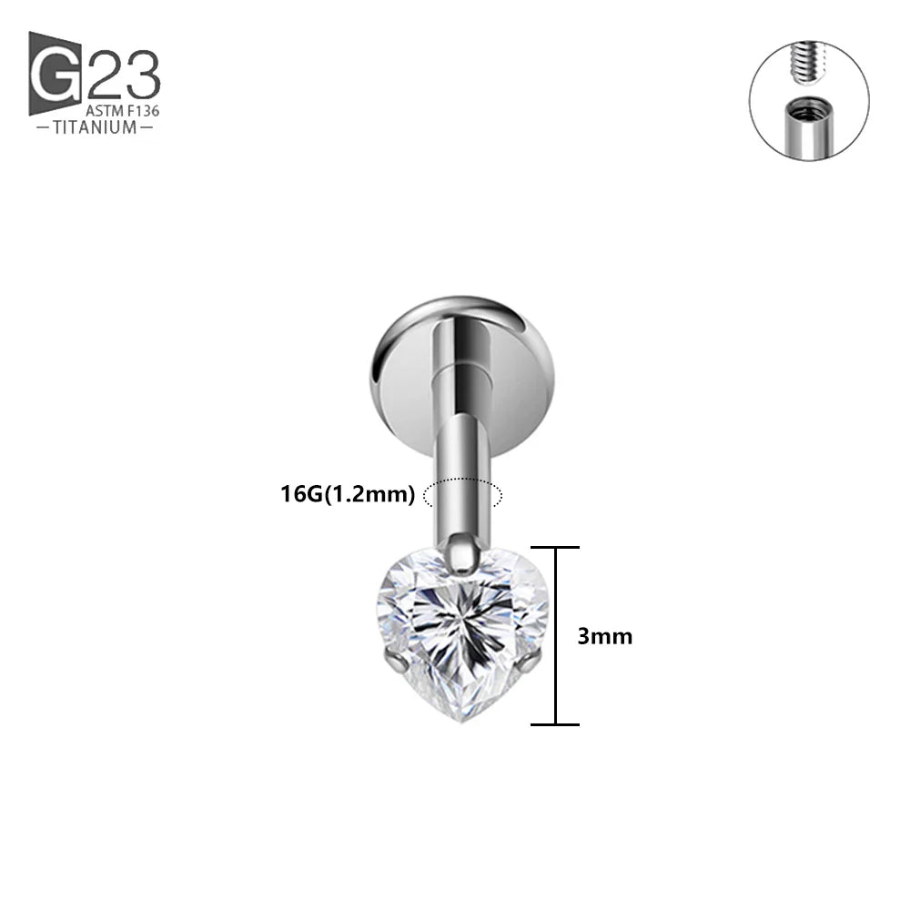 1/10PCS ASTM F136 Titanium 16G Heart CZ Threaded Labret 3mm/4mm CZ Cartilage Tragus Helix Nose Stud Piercing Jewelry