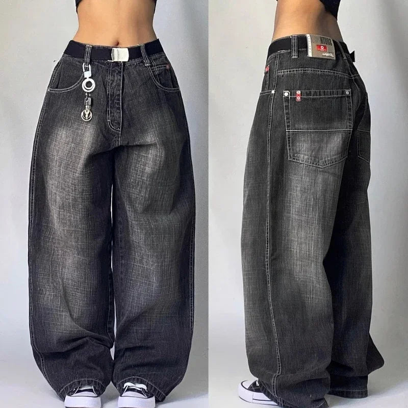 2000s Baggy Jeans Women New Harajuku Hip Hop Wing Print Oversized Jeans Gothic High Waist Wide Leg Pants Men Trousers Streetwear
