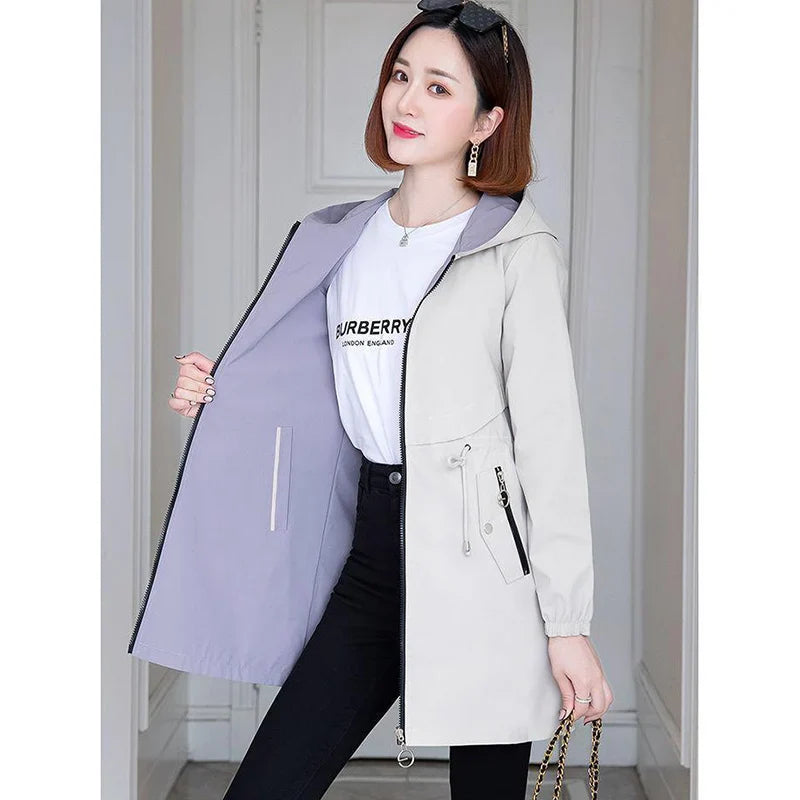 Double-Sided Trench Coat Women 2023New Fashion Spring Autumn Clothes Hooded Mid-Length Windbreakers Female Outerwear Casual Tops