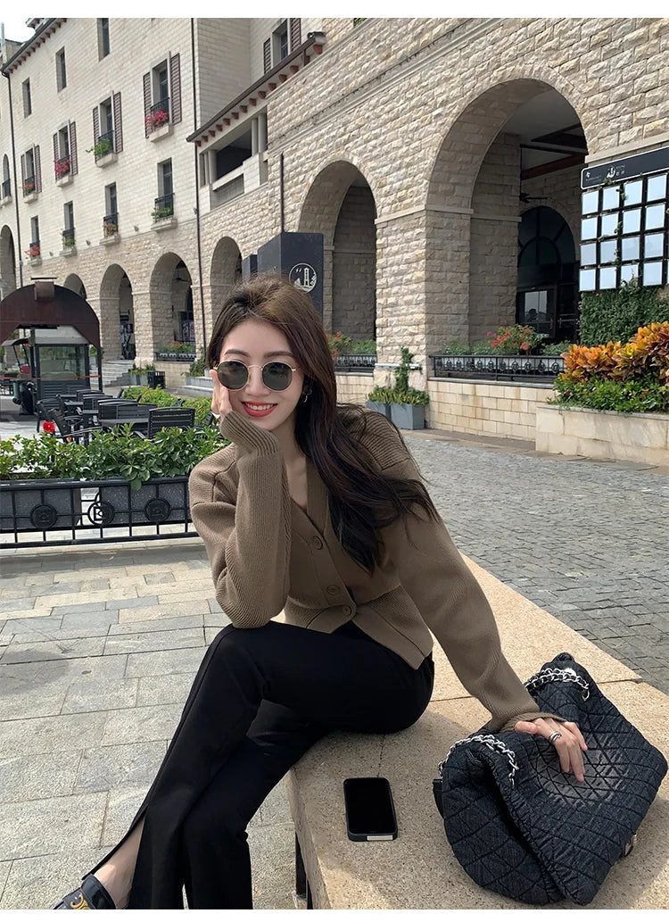 AOSSVIAO Knitted Casual Cardigan 2025 Autumn Winter Elegance Solid Color V-neck Sweater Unique and Niche Slim Fit Tops