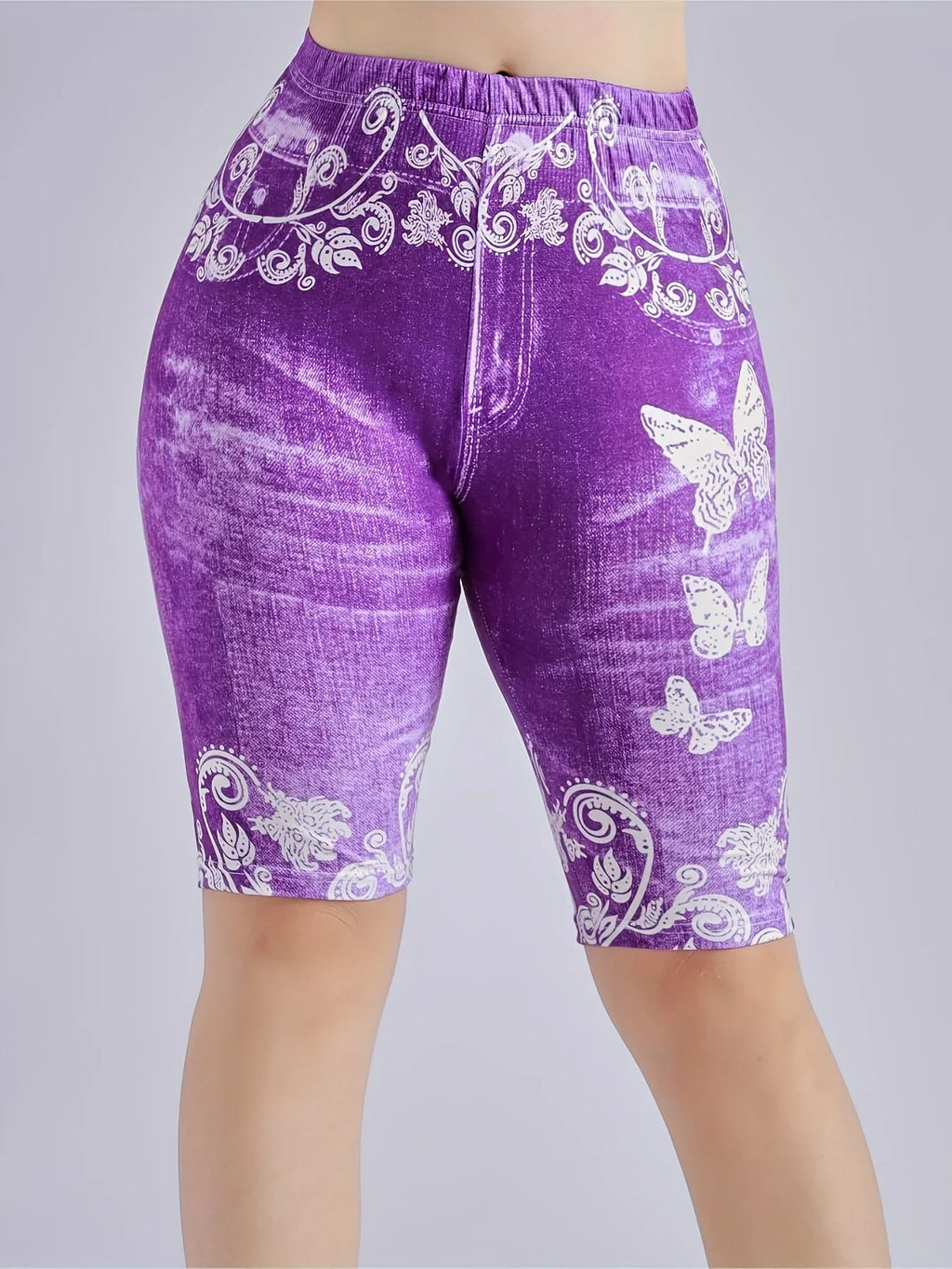 3 Piece Set Of Lmitation Denim Leggings For Women Butterfly Waist Fruit Flower Elastic Shorts High Waist Casual