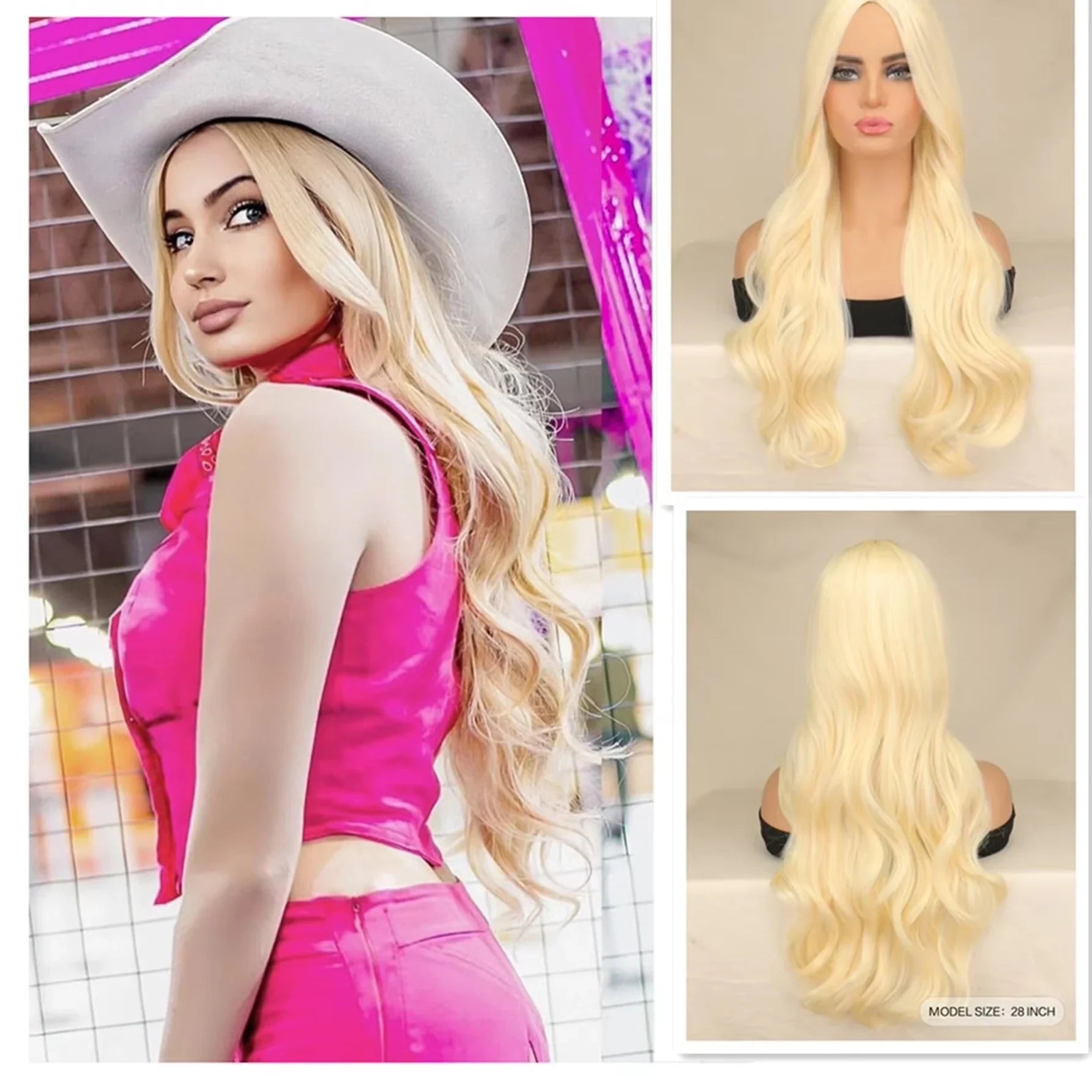 Blonde synthetic wig with straight bangs Ladies Cosplay wig High temperature silk wig set with big waves and long curly hair