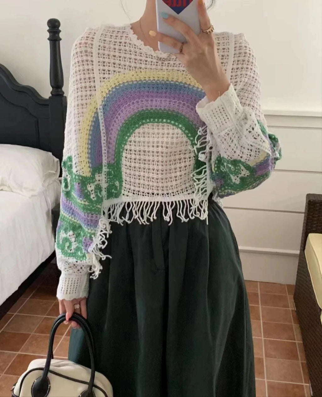 Embroidery Rainbow Crochet Top Sheer Openwork Pullover Batwing Sleeve Cover Up for Women Spring Summer Fairycore Outfit