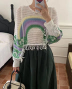 Embroidery Rainbow Crochet Top Sheer Openwork Pullover Batwing Sleeve Cover Up for Women Spring Summer Fairycore Outfit