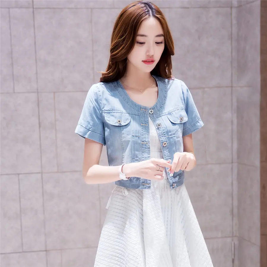 2023 Spring/Summer New Denim Jacket Women's Korean Casual Slim All-Match Short Crop Sleeve Short Sleeve Denim Button Up Top