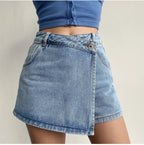 Elegant Slimming High-waisted A- line Denim Shorts Women's Summer New 2023 Light Color Two-piece Illusion Design Slim Fit