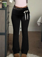 Cuteandpsycho Lace Patchwork Bow Straight Pants Y2K Fashion Aesthetic Cute Trousers Harajuku Streetwear Joggers 2000s Bottoms