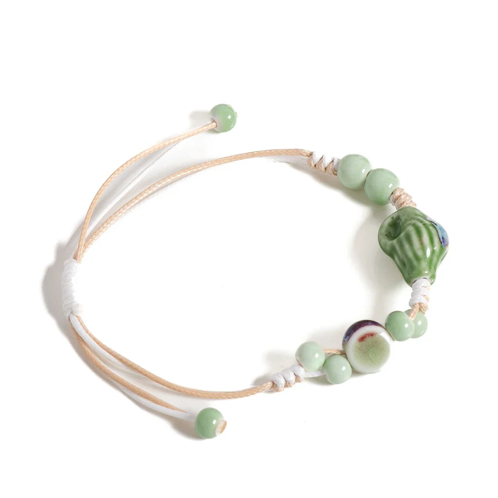 Ethnic Boho Handmade Ceramic Seashell Bracelet Adjustable Woven Vintage Jewelry Gift for Women S02-034