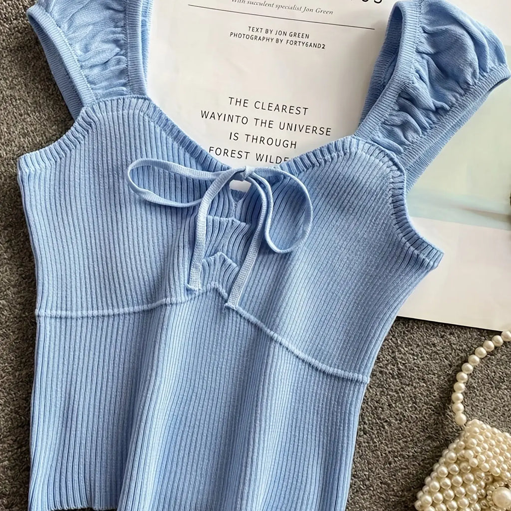 2024 Solid Color Ribbed Knotted Tank Top Casual Round Neck Tank Top For Spring & Summer Women's Clothing Knit Crop Top