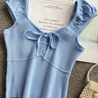 2024 Solid Color Ribbed Knotted Tank Top Casual Round Neck Tank Top For Spring & Summer Women's Clothing Knit Crop Top