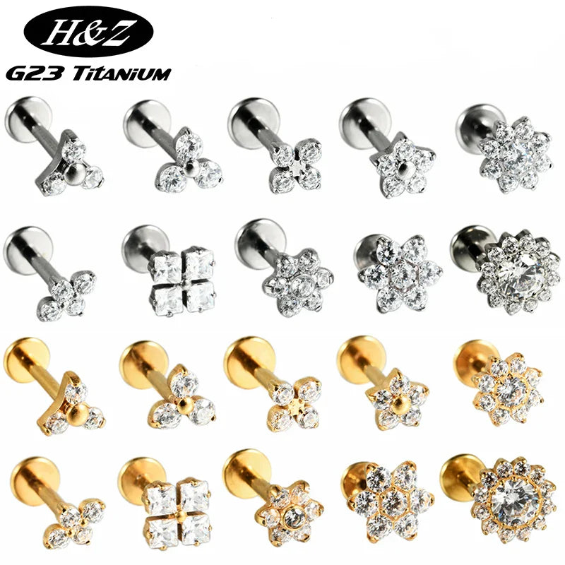 1PC ASTM F136 Titanium Flower CZ Labret Stud Internal Thread Piercing Lip Stud Daith Conch Earring Piercing Jewelry Wholesale
