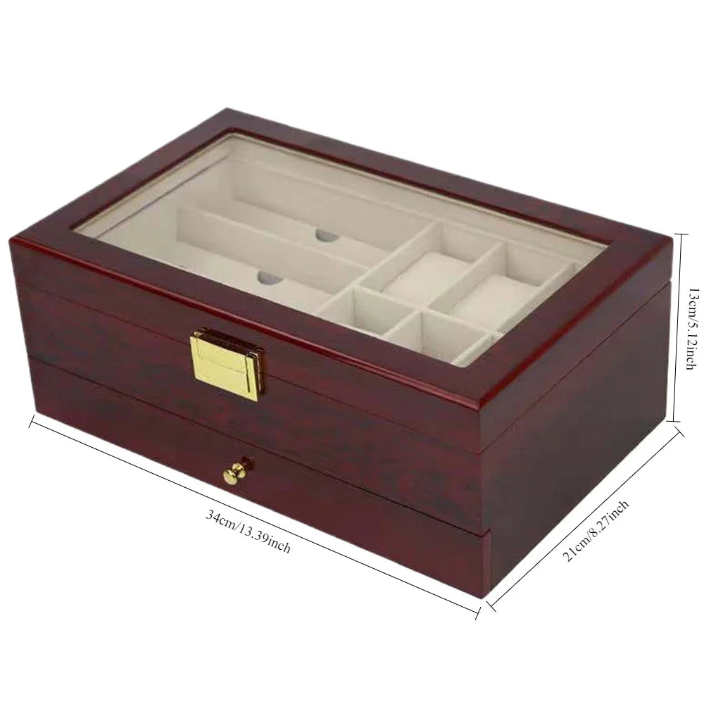 Double Layer Watch Storage Box with Drawer - Glass Display Case for Sunglasses Rings Bracelets Earrings Necklaces Jewelry Organi