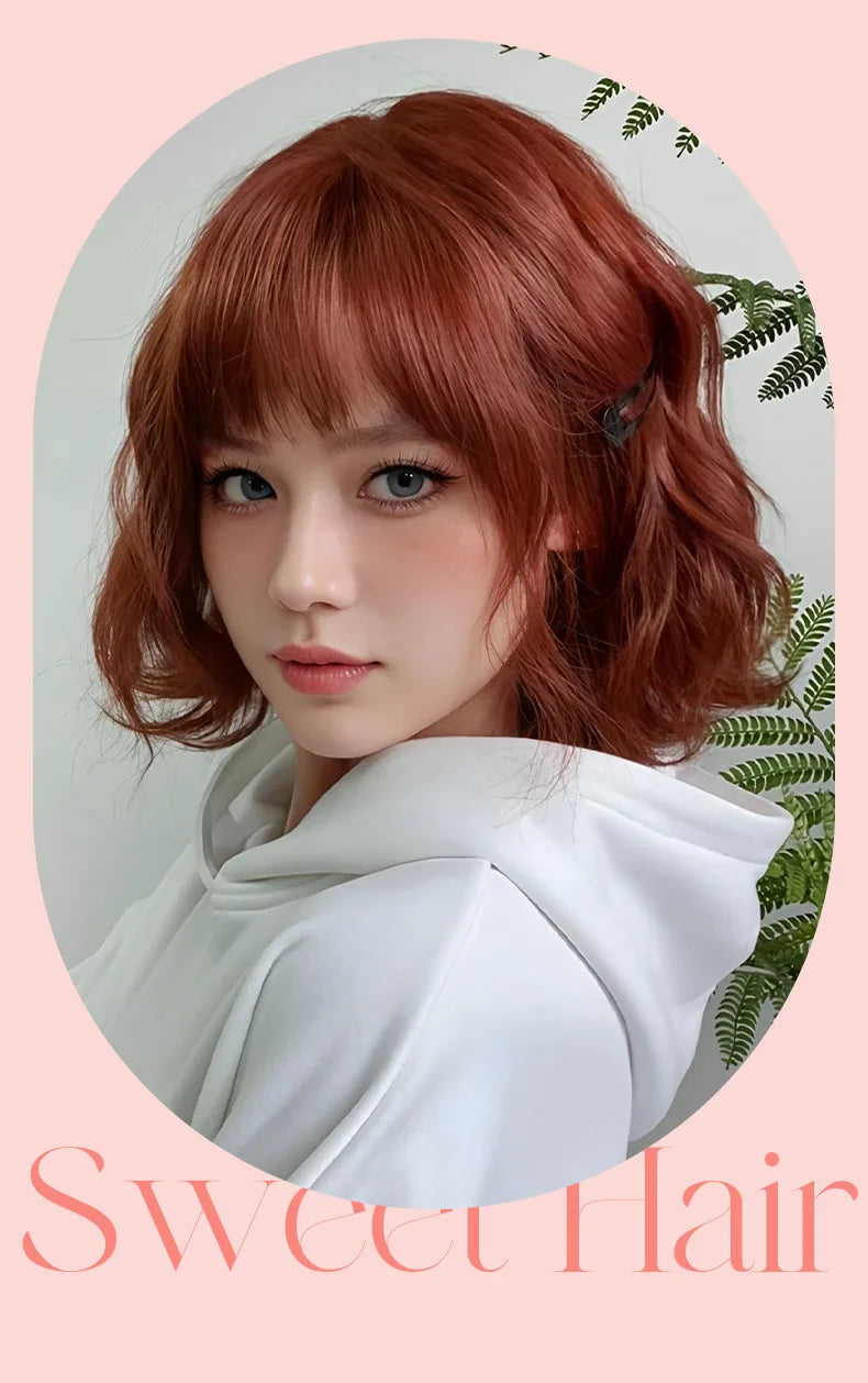 Allbell Magique Short Wavy Wig Bob Curly Wig With Bangs Dirty Orange Lolita Wigs Natural Synthetic Wig For Woman Heat Resistant
