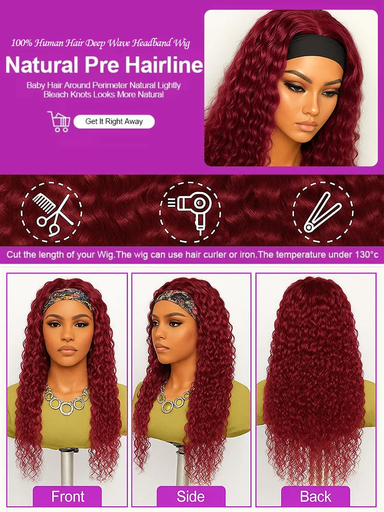 200% Density Headband Reddish Brown Wig Human Hair Ginger Deep Wave Burgundy 99J Curly Water Wave Glueless Wigs Clearance Sale