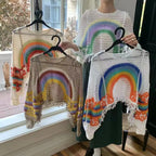 Embroidery Rainbow Crochet Top Sheer Openwork Pullover Batwing Sleeve Cover Up for Women Spring Summer Fairycore Outfit