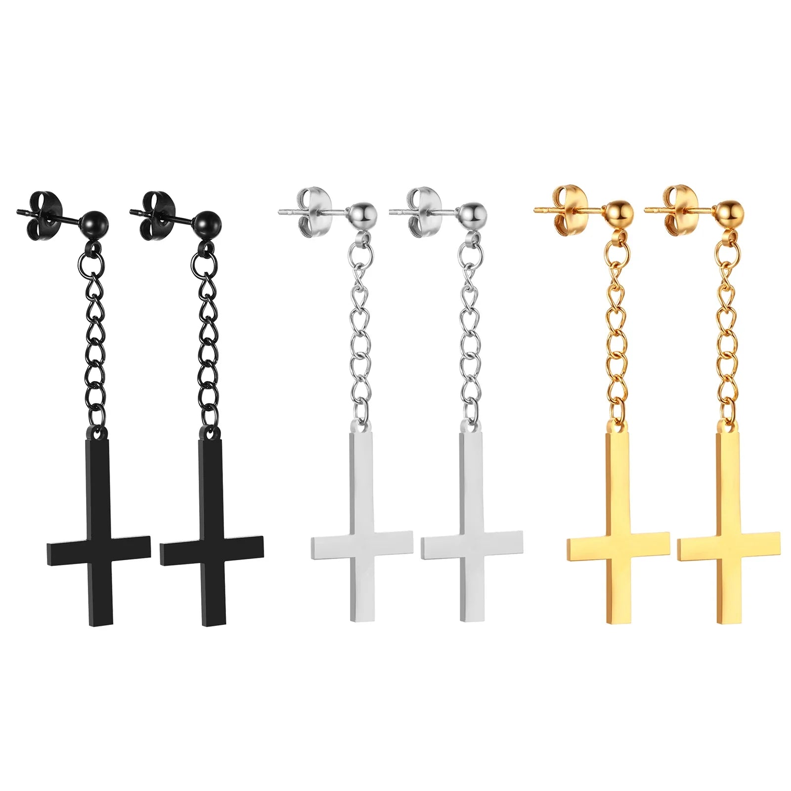 BONISKISS Men Women Stainless Steel Inverted Upside Down Cross Earring Church of Satan Temple Occult Satanic Witchy Stud Jewelry