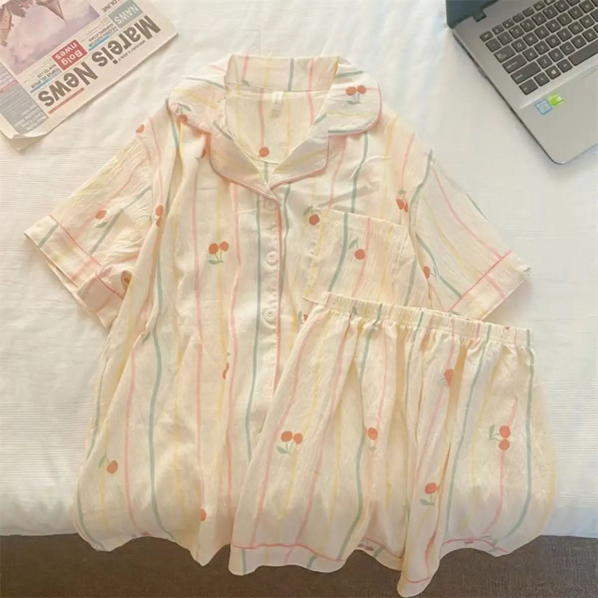 Cute Girl's Summer Cotton Linen ort Sve Nightgown Home Clothes Set Bear Print Gauze Spwear Simple Home Sle