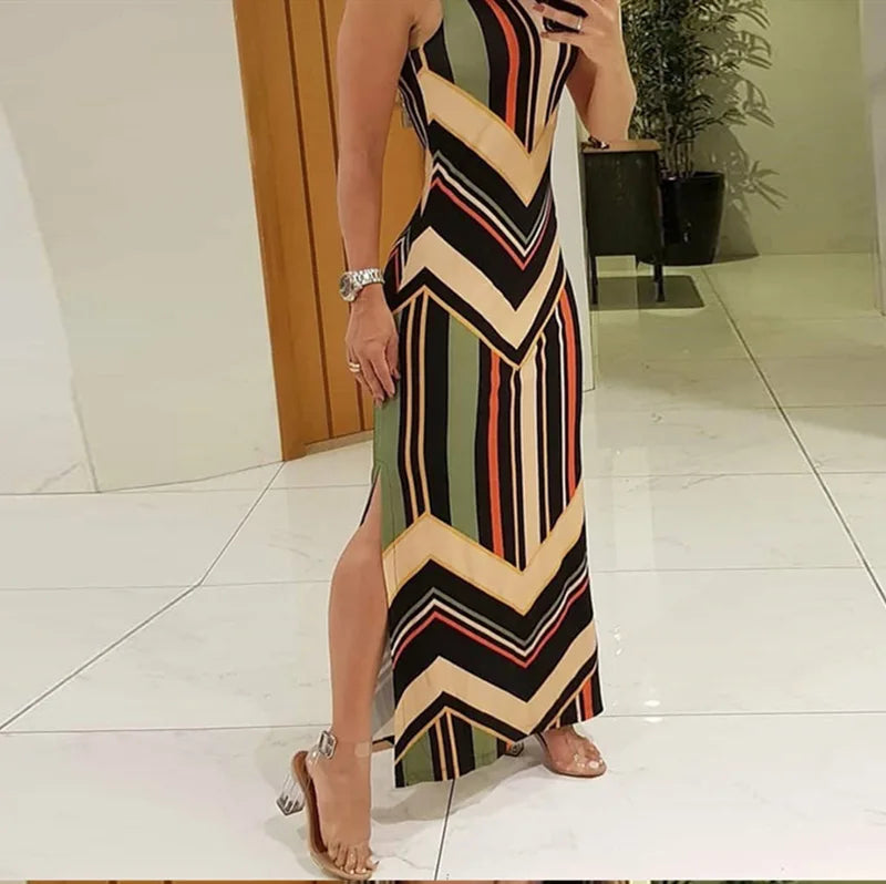 Colorful Striped Print Side Slit Maxi Dress Women Colorblock Sleeveless Slim Long Dresses Summer Streetwear Vestidos Para Mujer